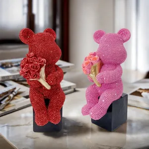 Modern Minimalist Resin Animal Bear Figurine Rhinestone Rose Flower Ornament Luxury Home Office Living Room Desk Decor