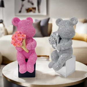 Rhinestone teddy bear figurine modern resin luxury home living room decor ornament