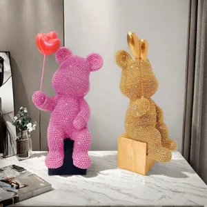 Modern European resin rhinestone bear figurine with heart balloon desktop home decor.