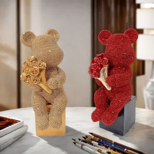 Modern luxury resin diamond bear figurine set, creative couple sculpture for home decor.