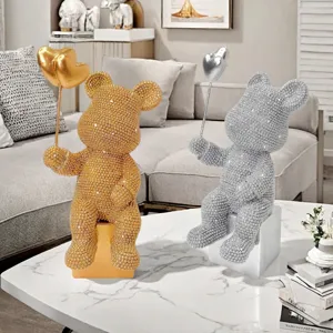 Modern European crystal resin bear figurines with heart balloon, desktop decor for office home.