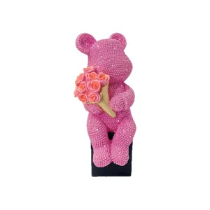 Pink rhinestone bear figurine car air freshener, cute sparkling crystal bear with rose bouquet