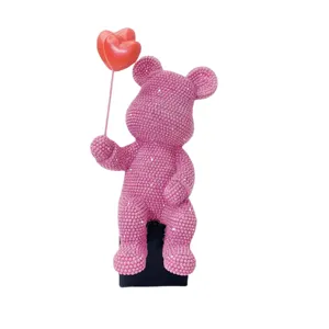 Modern resin rhinestone bear figurine sitting with red heart balloons for home desktop decor.