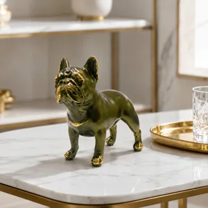 Resin French bulldog figurine, green and gold decor piece for modern living room and hallway table.