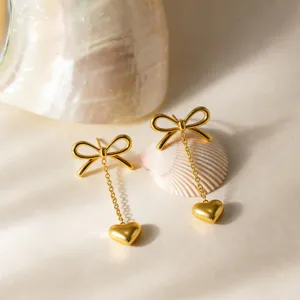 Gold stainless steel bow heart pendant earrings elegant minimalist titanium steel jewelry