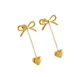 Gold stainless steel bow dangling heart earrings elegant fashion women jewelry daily wear.