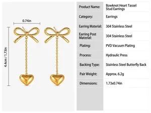 Details of 304 stainless steel gold bow and heart tassel earrings with dimensions.