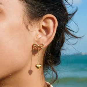 Fashion 304 Stainless Steel Bowknot Tassel Heart Drop Earrings PVD Vacuum 18K Gold Plated Mirror Polished Long Chain Geometric Linear Dangle Earrings For Women Jewelry