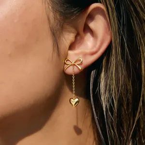 Gold stainless steel bow heart dangling stud earrings for women, minimalist daily wear jewelry.