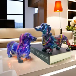 Colorful resin dachshund dog figurines set, modern home decor ornament for desk, wine cabinet shelf.