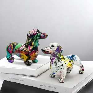Colorful graffiti dachshund dog figurines home decor desktop resin ornament gift for living room