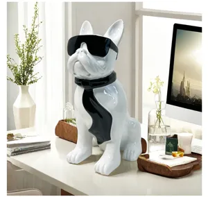 Resin French Bulldog dog sculpture figurine with sunglasses and tie for home desktop decor.