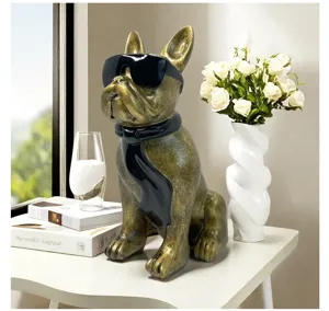 Resin french bulldog ornament detail shot showing cool sunglasses and black tie decor.
