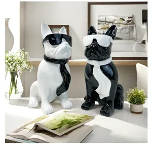 Resin French bulldog ornament with glasses and ribbon, perfect for modern home desktop decor.