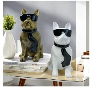 Resin French Bulldog ornament statue with cool sunglasses and tie for home desktop decor