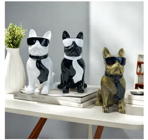Resin French Bulldog Dog Statue Sunglasses Tie Ornaments Home Desktop Decor Figurine