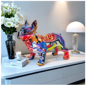 Detailed view of colorful graffiti French bulldog resin ornament for modern home decor.