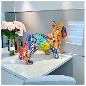 Close up of colorful graffiti French bulldog resin sculpture detail view home decor artifact
