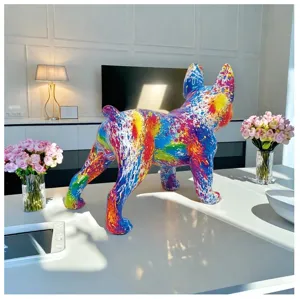 Colorful graffiti French bulldog resin statue, modern abstract animal ornament for home decor.