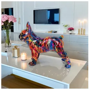 Modern minimalist resin French bulldog sculpture with colorful transfer print for home decor.