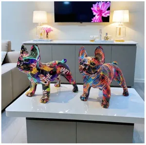 Resin graffiti French bulldog statue detail view, colorful modern home decor ornament.