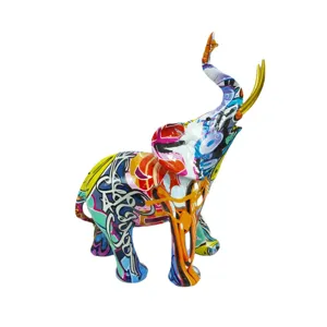 Sculpture d'elephant en resine graffiti coloree decoration maison art moderne figurine