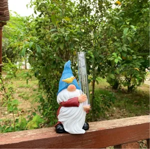 Resin garden gnome rain gauge outdoor yard decorative ornament with measuring tube for patio lawn.