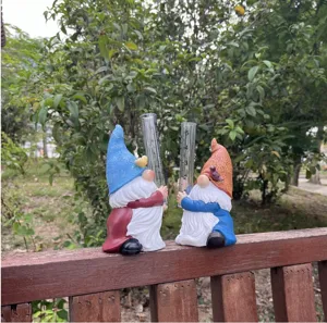 Resin garden gnome rain gauge outdoor courtyard measuring tube decorative ornament detail view