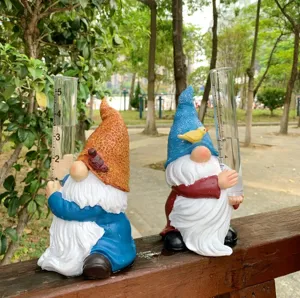 Cute resin garden gnome rain gauge outdoor decorative statues with measuring tubes for yard.