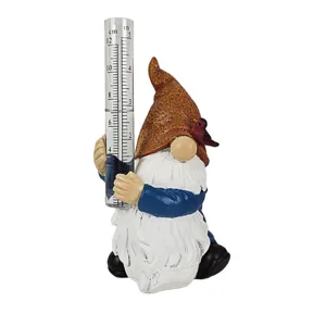 Resin garden gnome rain gauge outdoor yard decorative sculpture with clear measuring tube.