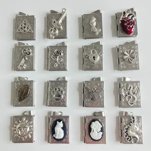 Vintage Stainless Steel Book Locket Necklace Cameo Cat Heart Hollow Floral Pendant Necklace Jewelry Gift For Women