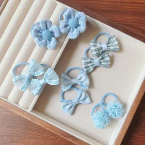 Set elastici capelli bambini con fiocchi e fiori a quadri blu, cordini elastici carini bambina.