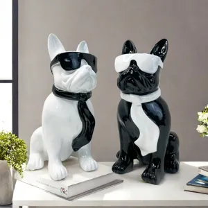 Resin French Bulldog Statues Set Black White Dog Ornaments with Sunglasses and Ties Home Decor