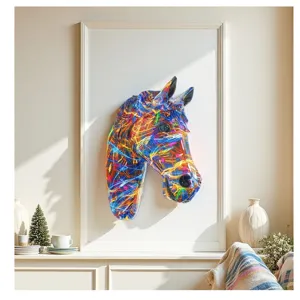 Scultura murale 3D testa di cavallo colorata, decorazione di lusso per soggiorno e corridoio.