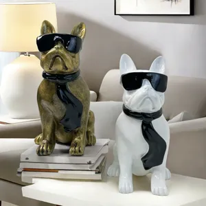 Resin French Bulldog statue with sunglasses and tie, cool dog sculpture for home decor.