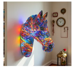 Scultura murale testa di cavallo 3D colorata, decorazione artistica per soggiorno e corridoio.