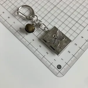Primo piano del portachiavi con medaglione a libro di falena argento gotico con campanello vintage.