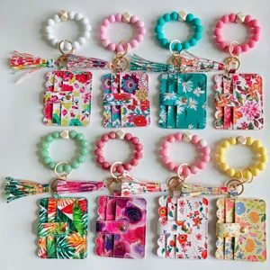 Dames PU Lederen Kaarthouder Portemonnee Bloemen Bedrukt Siliconen Kraal Armband Sleutelhanger Kwastje Portemonnee Mode Sleutelhanger