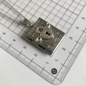 Silver book locket necklace with heart lock pendant, vintage style pendant chain for women.