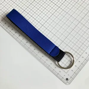 Blue neoprene wristlet keychain with sturdy metal ring, portable outdoor lanyard for keys.