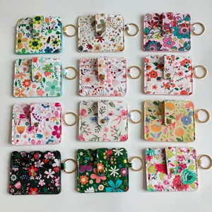 Women PU Leather Card Holder Floral Print Coin Purse Cute Small ID Card Case with Keychain Wave Edge Wallet