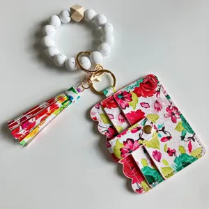 Bloemen PU leer kaarthouder portemonnee met siliconen kralen polsband sleutelhanger.