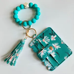 Bloemen PU houder siliconen kralen armband sleutelhanger met kwastje voor dames stijlvol