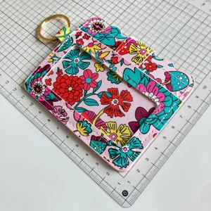 Floral Print Card Holder Cute Flower ID Badge Case with Gold Keychain for Women New