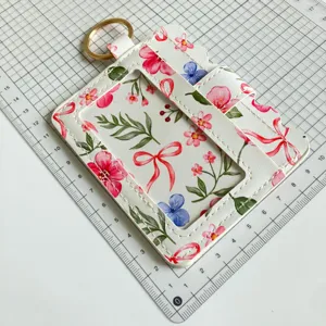 Floral pattern PU leather card holder with cute floral print, keychain and clear ID window.