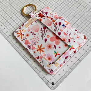 Floral print card holder ID badge case with keychain, cute pink PU leather wallet for women.