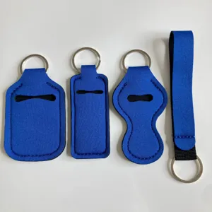 Set de soporte para botella de desinfectante de manos de neopreno azul vista detallada