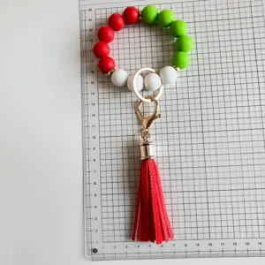 Buntes Silikonperlen Schlüsselanhänger Armband mit PU Leder Quaste für Handgelenk.