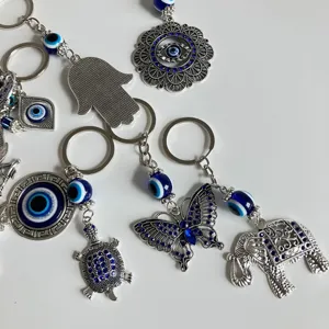 Vintage Ethnic Turkish Evil Eye Keychain Alloy Rhinestone Elephant Owl Butterfly Life Tree Metal Bag Pendant Key Ring Jewelry