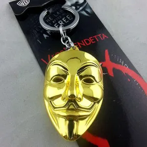 Detailed close-up shot of the gold V for Vendetta metal keychain featuring character mask design.